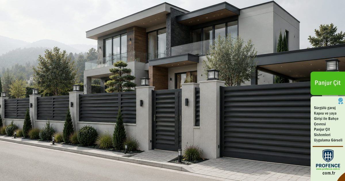 Panjur çit çevrelenen villanın garaj kapısı ile uyumu